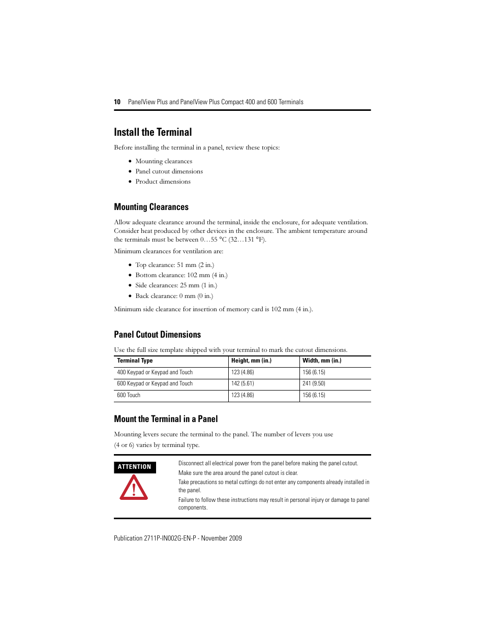 Install the terminal, Mounting clearances, Mount the terminal in a panel | Panel cutout dimensions | Rockwell Automation 2711PC-x6xxxx PanelView Plus 400 and 600 Terminals Installation Instructions User Manual | Page 10 / 32