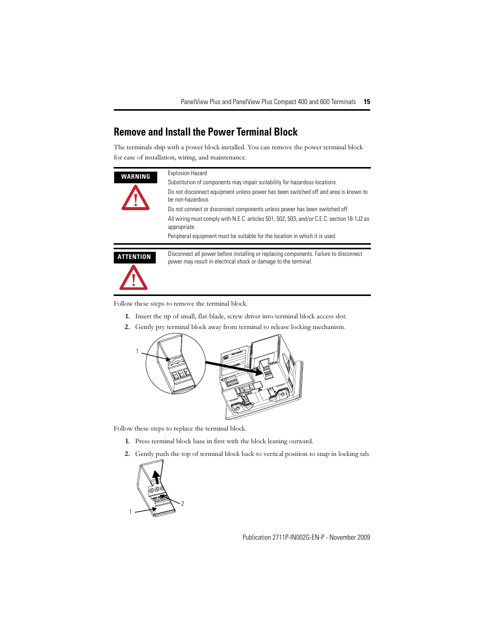 Remove and install the power terminal block | Rockwell Automation 2711PC-x6xxxx PanelView Plus 400 and 600 Terminals Installation Instructions User Manual | Page 15 / 32