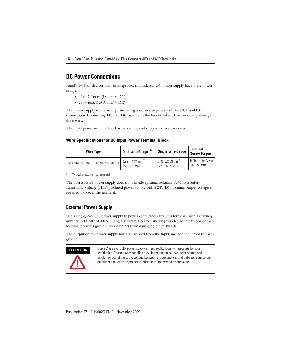 Dc power connections, External power supply | Rockwell Automation 2711PC-x6xxxx PanelView Plus 400 and 600 Terminals Installation Instructions User Manual | Page 16 / 32