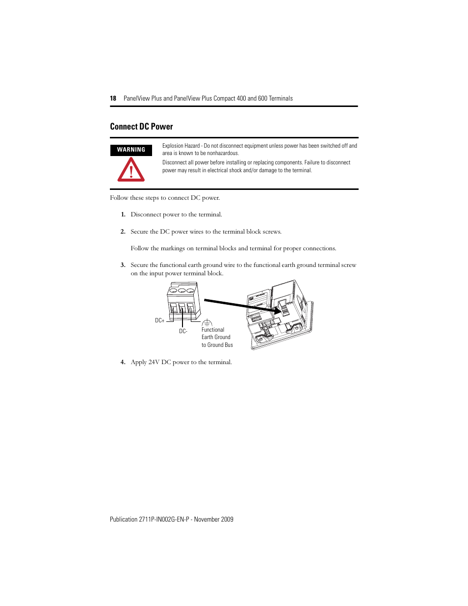 Connect dc power | Rockwell Automation 2711PC-x6xxxx PanelView Plus 400 and 600 Terminals Installation Instructions User Manual | Page 18 / 32