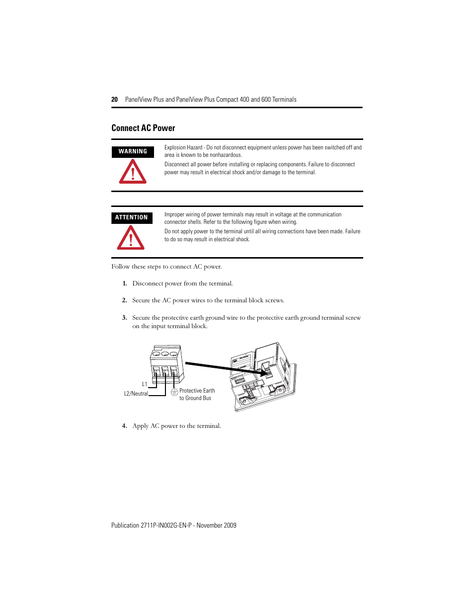 Connect ac power | Rockwell Automation 2711PC-x6xxxx PanelView Plus 400 and 600 Terminals Installation Instructions User Manual | Page 20 / 32