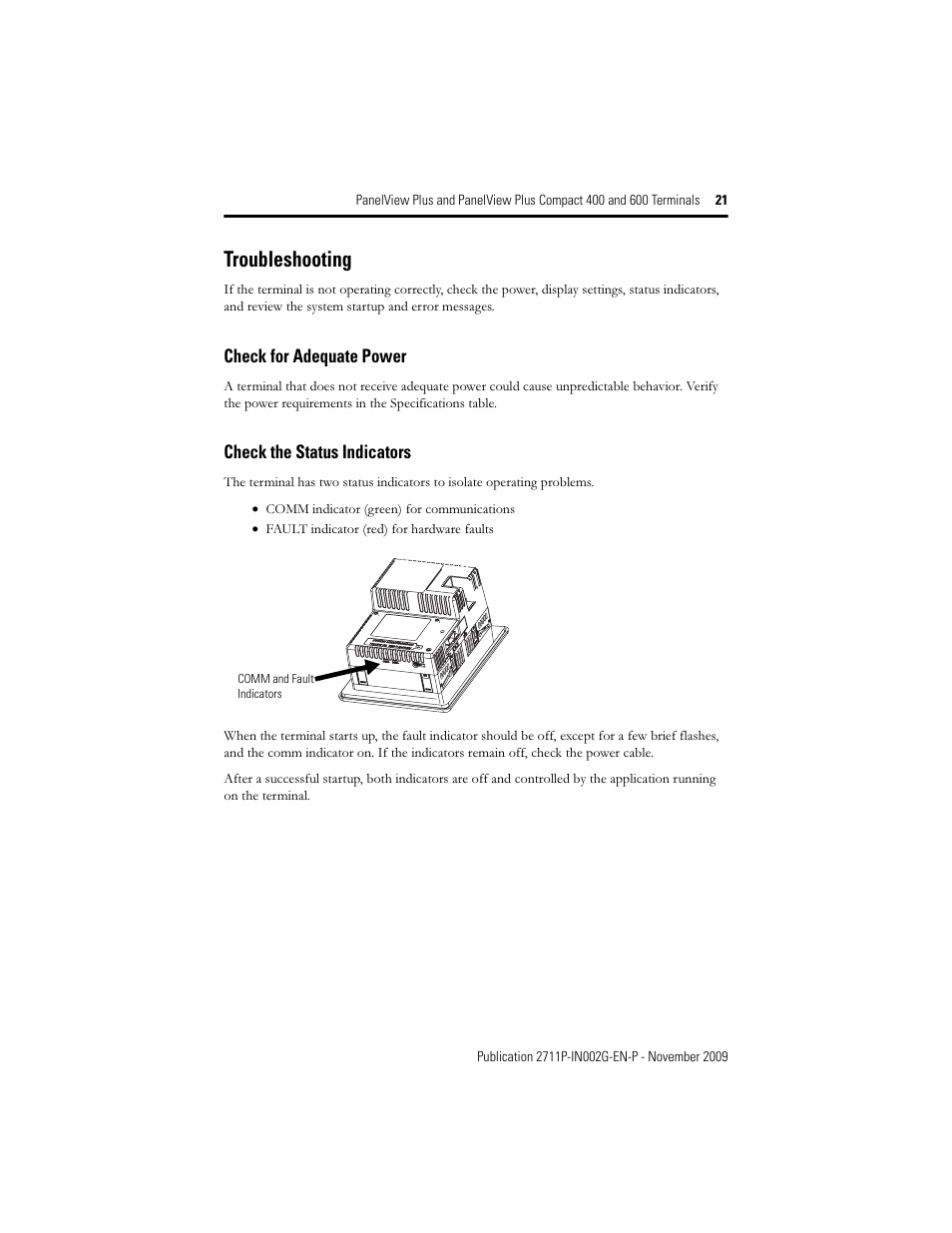 Troubleshooting, Check for adequate power, Check the status indicators | Rockwell Automation 2711PC-x6xxxx PanelView Plus 400 and 600 Terminals Installation Instructions User Manual | Page 21 / 32