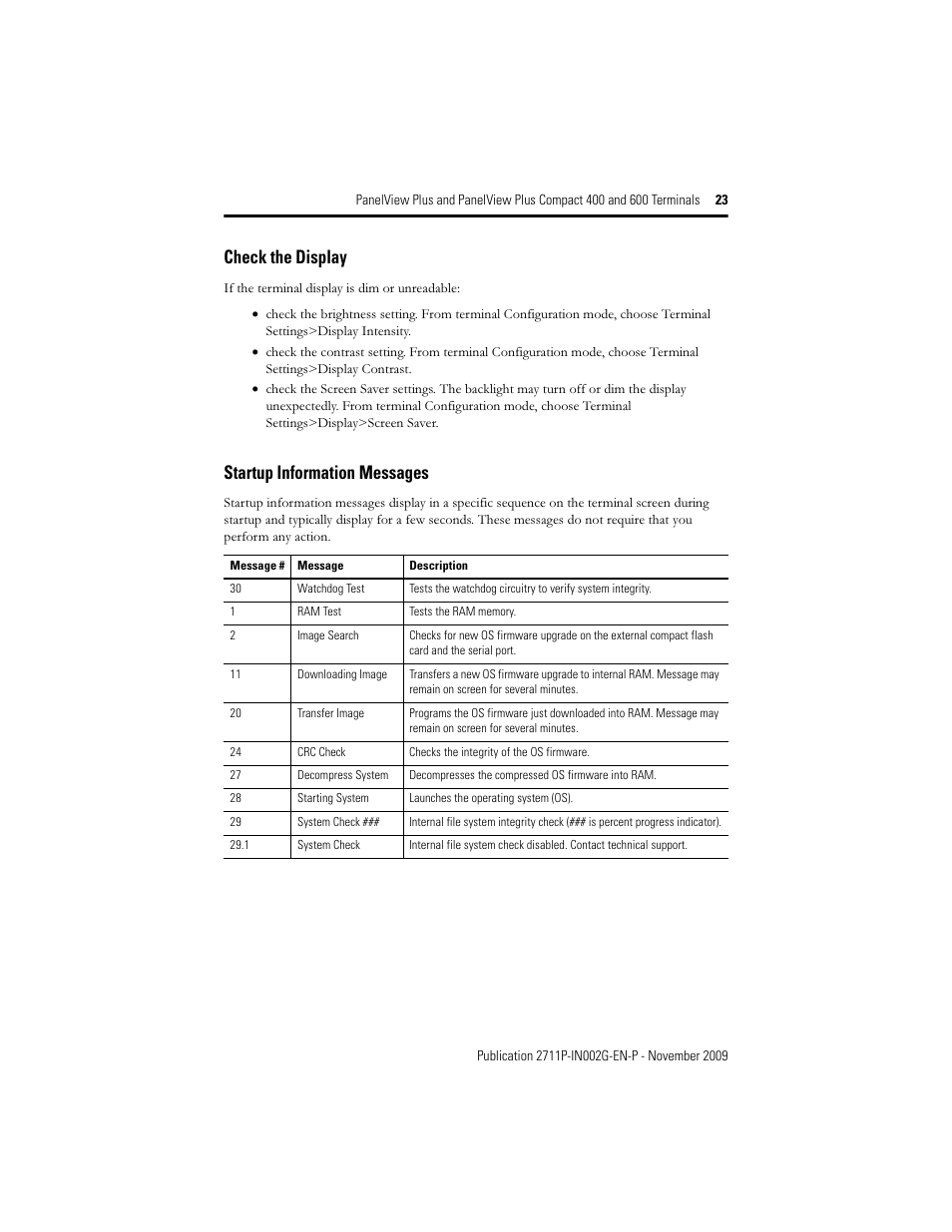 Check the display, Startup information messages | Rockwell Automation 2711PC-x6xxxx PanelView Plus 400 and 600 Terminals Installation Instructions User Manual | Page 23 / 32