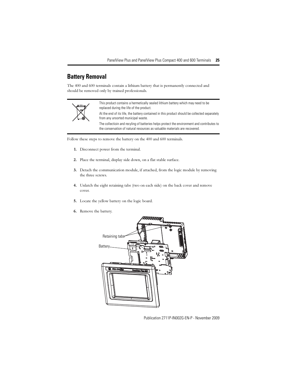 Battery removal | Rockwell Automation 2711PC-x6xxxx PanelView Plus 400 and 600 Terminals Installation Instructions User Manual | Page 25 / 32