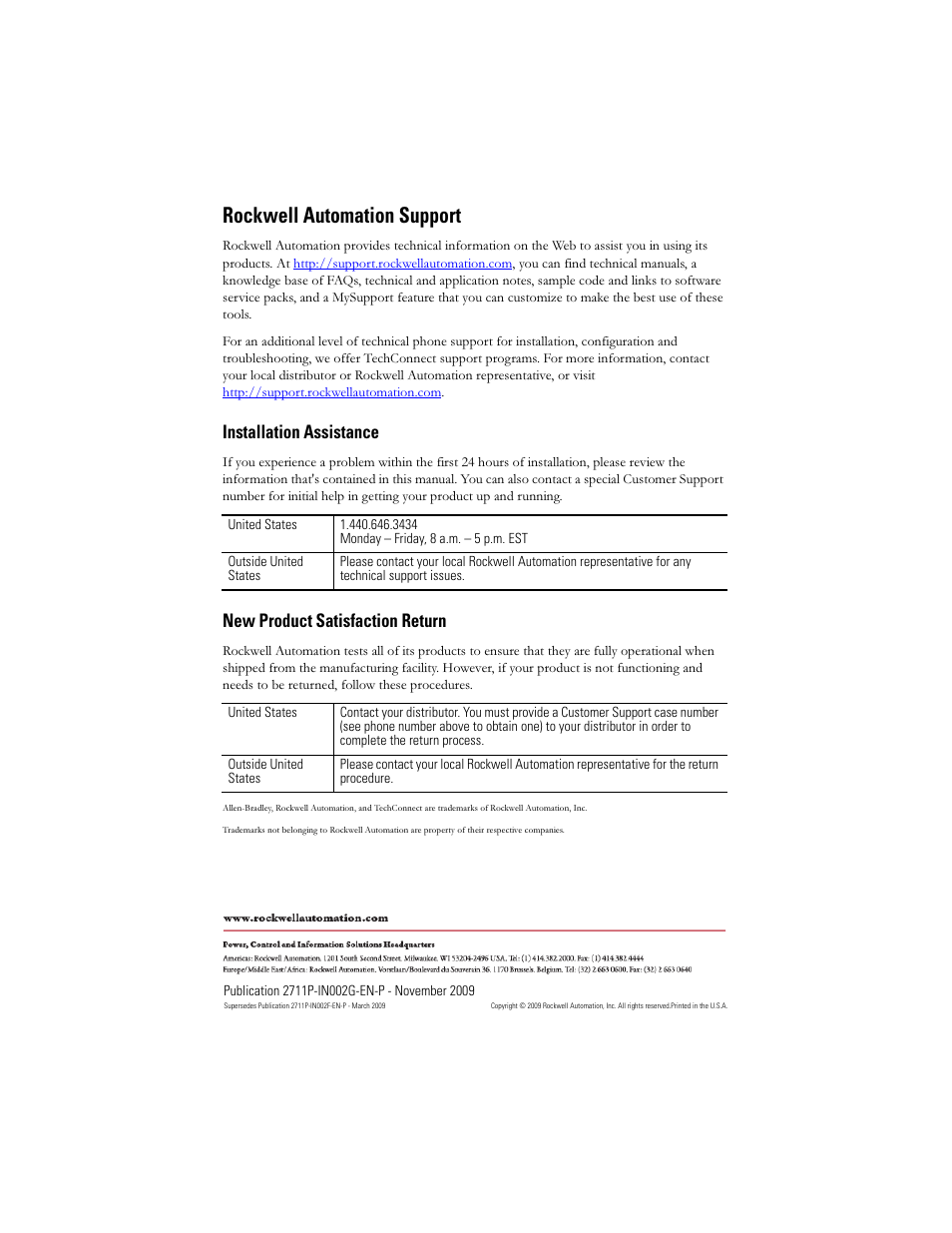 Rockwell automation support, Installation assistance, New product satisfaction return | Rockwell Automation 2711PC-x6xxxx PanelView Plus 400 and 600 Terminals Installation Instructions User Manual | Page 32 / 32