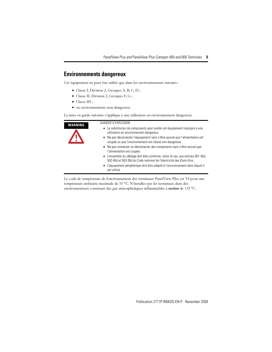 Environnements dangereux | Rockwell Automation 2711PC-x6xxxx PanelView Plus 400 and 600 Terminals Installation Instructions User Manual | Page 5 / 32
