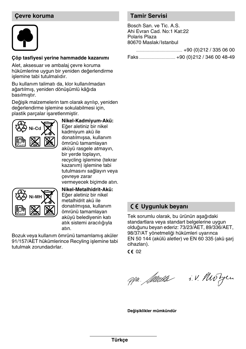 Çevre koruma tamir servisi uygunluk beyan | Bosch GBH 24 V User Manual | Page 81 / 82