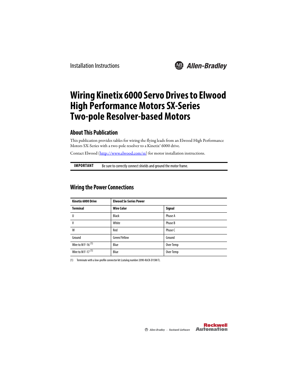 Rockwell Automation 2090-K6CK-D15MF Kinetix 6000 to Gettys XP Motor 2-Pole Resolver User Manual | 2 pages