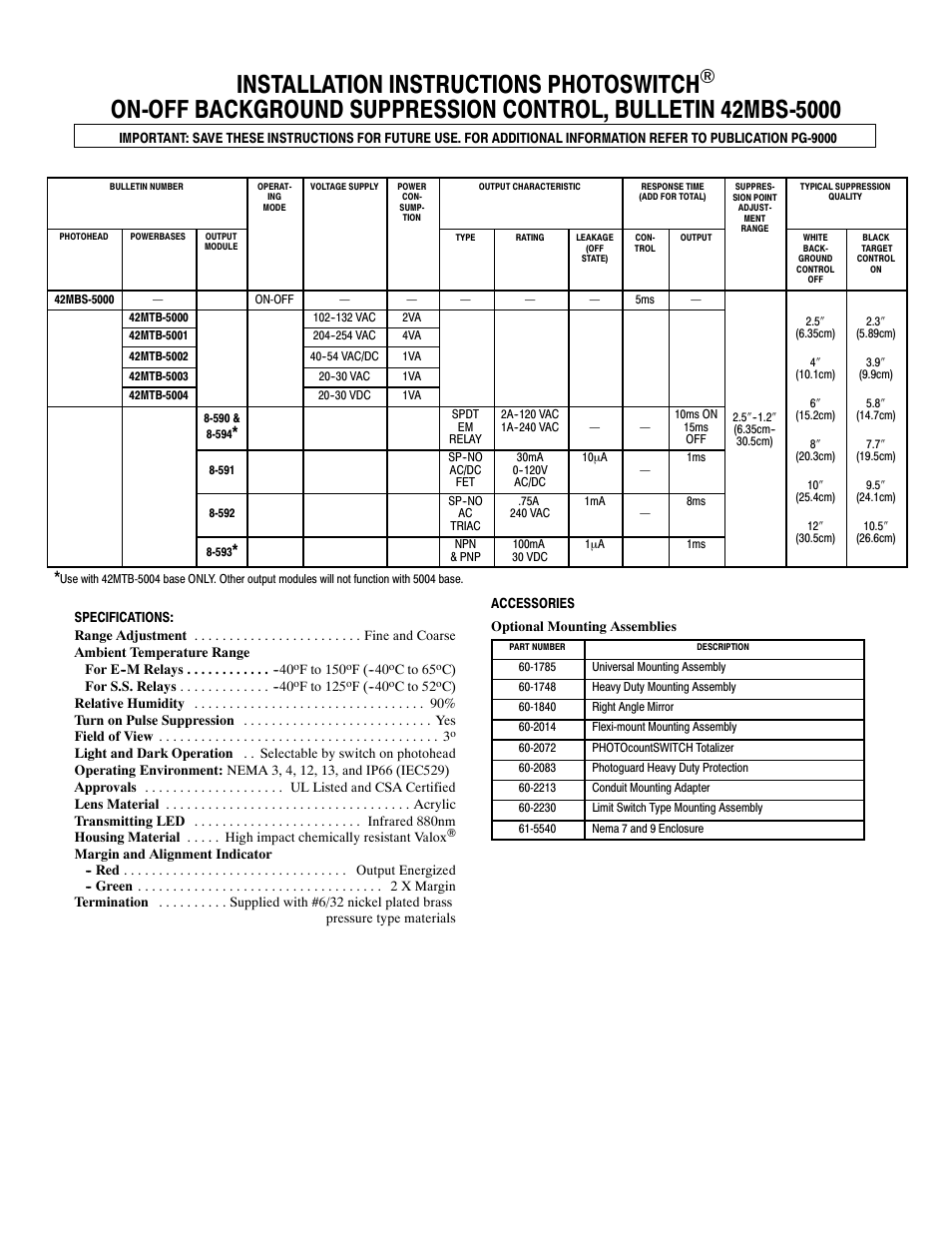 Rockwell Automation 5000 On-Off Background Suppression Control Type 42MBS User Manual | 4 pages