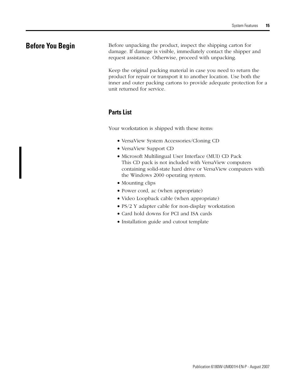 Before you begin, Parts list | Rockwell Automation 6180W-xxxx VersaView Workstation User Manual User Manual | Page 15 / 68