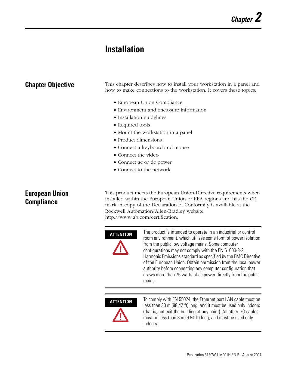 Installation, Chapter objective, European union compliance | Chapter 2, Chapter objective european union compliance, Chapter | Rockwell Automation 6180W-xxxx VersaView Workstation User Manual User Manual | Page 17 / 68