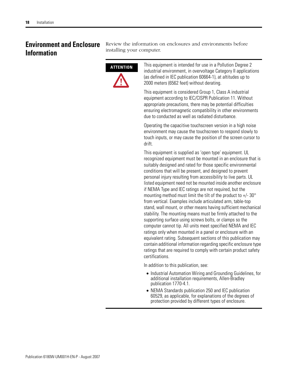 Environment and enclosure information | Rockwell Automation 6180W-xxxx VersaView Workstation User Manual User Manual | Page 18 / 68