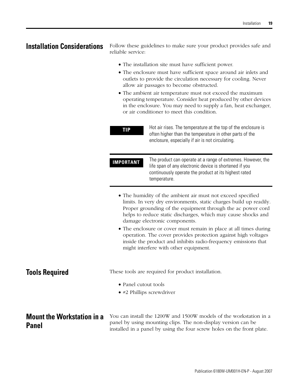Installation considerations, Tools required, Mount the workstation in a panel | Rockwell Automation 6180W-xxxx VersaView Workstation User Manual User Manual | Page 19 / 68