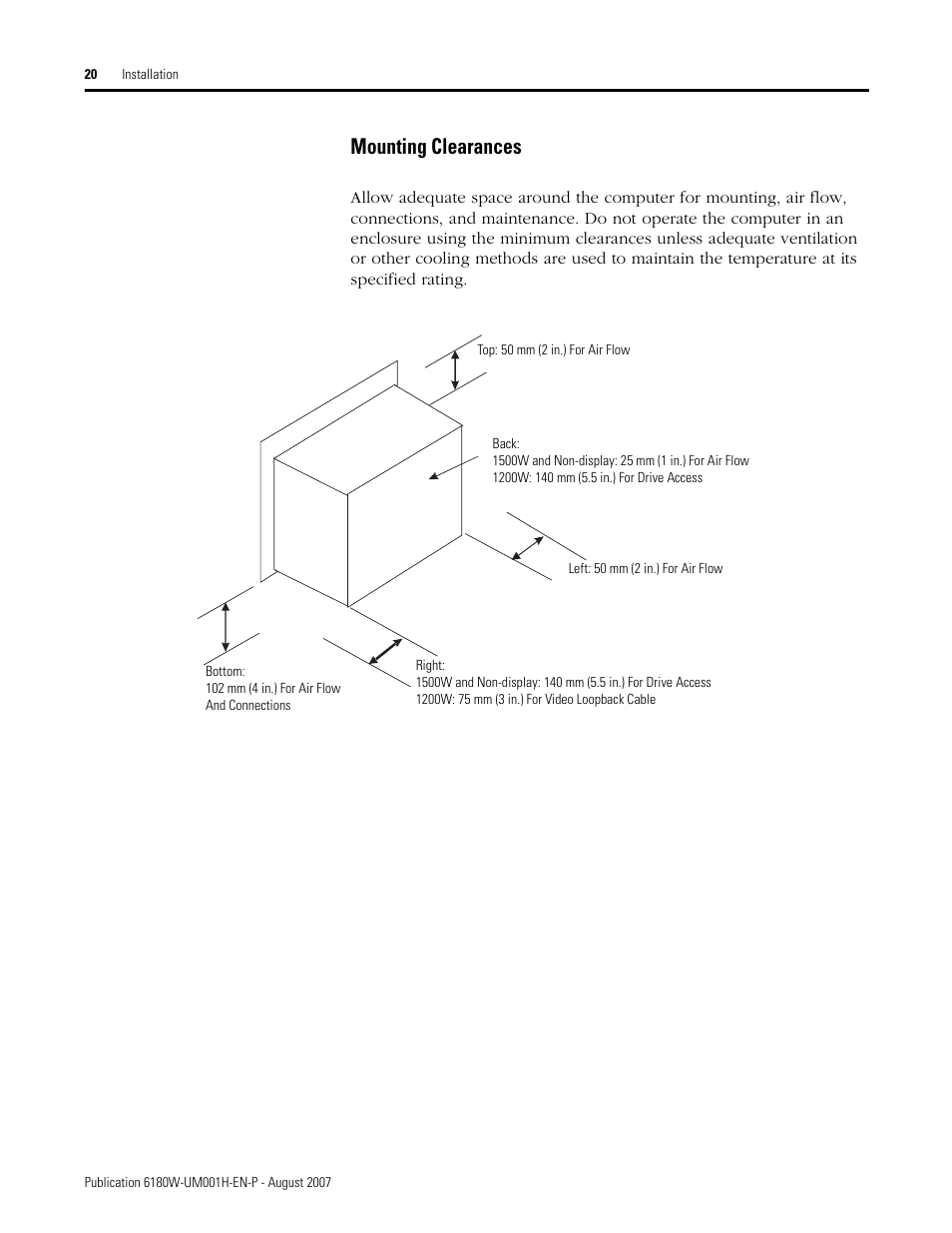 Mounting clearances | Rockwell Automation 6180W-xxxx VersaView Workstation User Manual User Manual | Page 20 / 68