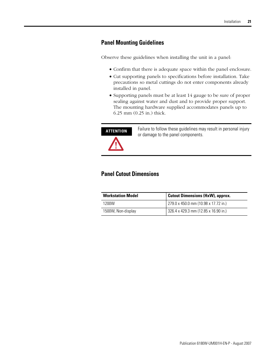 Panel mounting guidelines, Panel cutout dimensions | Rockwell Automation 6180W-xxxx VersaView Workstation User Manual User Manual | Page 21 / 68