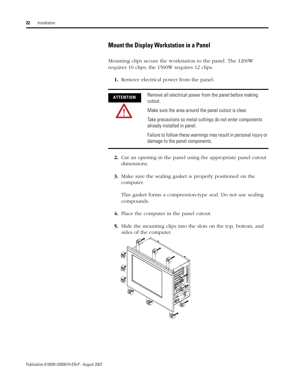 Mount the display workstation in a panel | Rockwell Automation 6180W-xxxx VersaView Workstation User Manual User Manual | Page 22 / 68