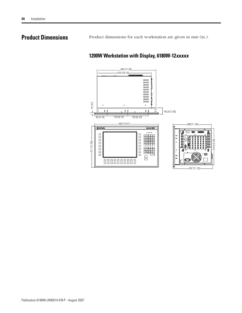 Product dimensions | Rockwell Automation 6180W-xxxx VersaView Workstation User Manual User Manual | Page 24 / 68