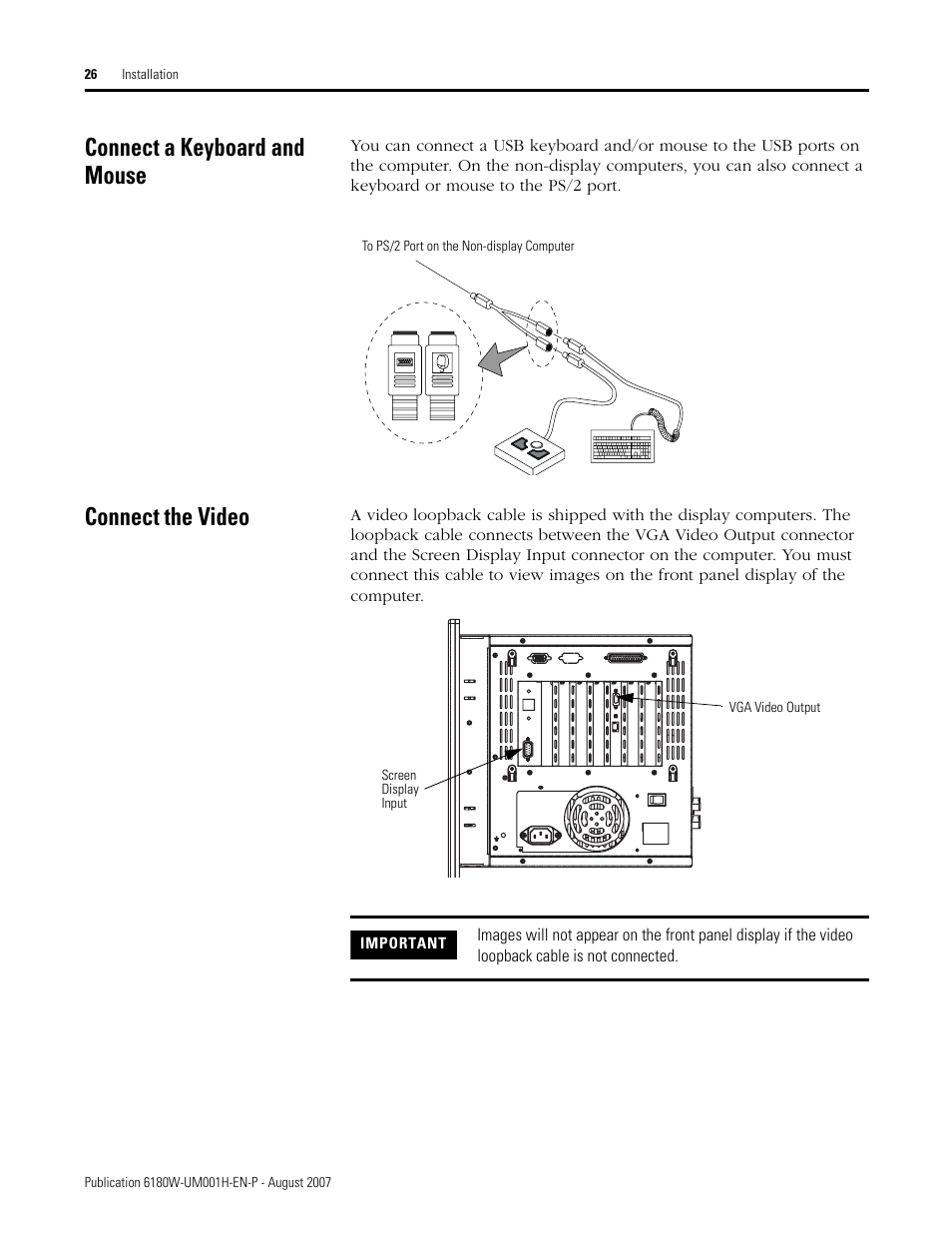 Connect a keyboard and mouse, Connect the video, Connect a keyboard and mouse connect the video | Rockwell Automation 6180W-xxxx VersaView Workstation User Manual User Manual | Page 26 / 68