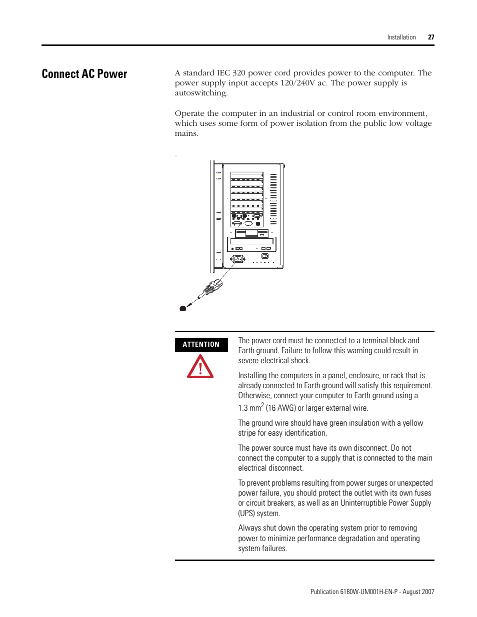 Connect ac power | Rockwell Automation 6180W-xxxx VersaView Workstation User Manual User Manual | Page 27 / 68