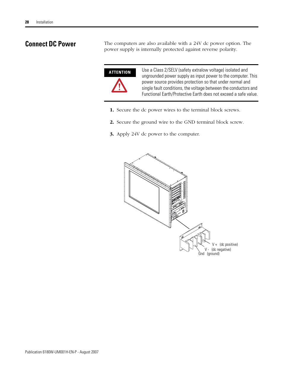 Connect dc power | Rockwell Automation 6180W-xxxx VersaView Workstation User Manual User Manual | Page 28 / 68