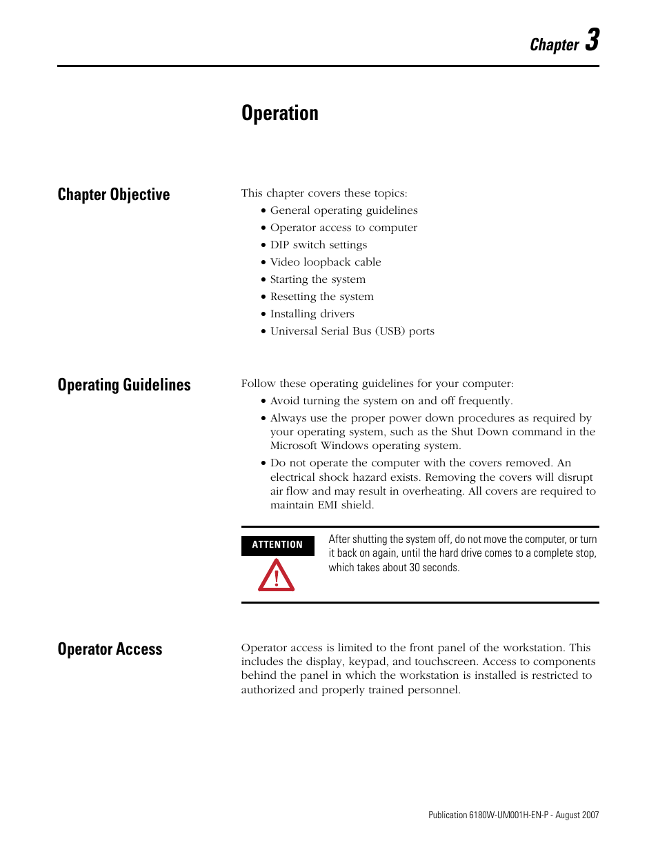 Operation, Chapter objective, Operating guidelines | Operator access, Chapter 3, Chapter | Rockwell Automation 6180W-xxxx VersaView Workstation User Manual User Manual | Page 31 / 68