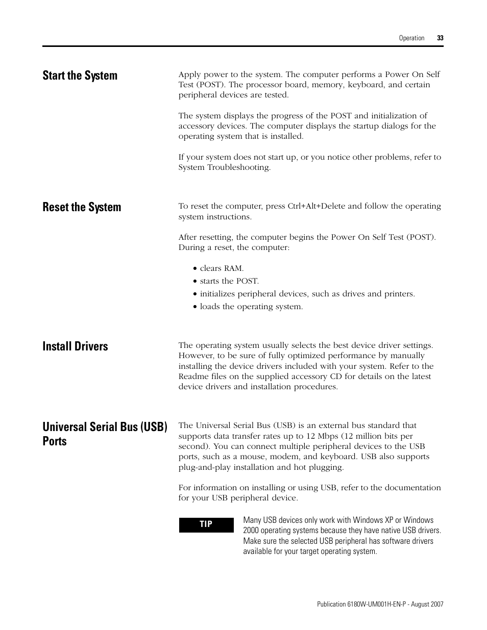 Start the system, Reset the system, Install drivers | Universal serial bus (usb) ports | Rockwell Automation 6180W-xxxx VersaView Workstation User Manual User Manual | Page 33 / 68
