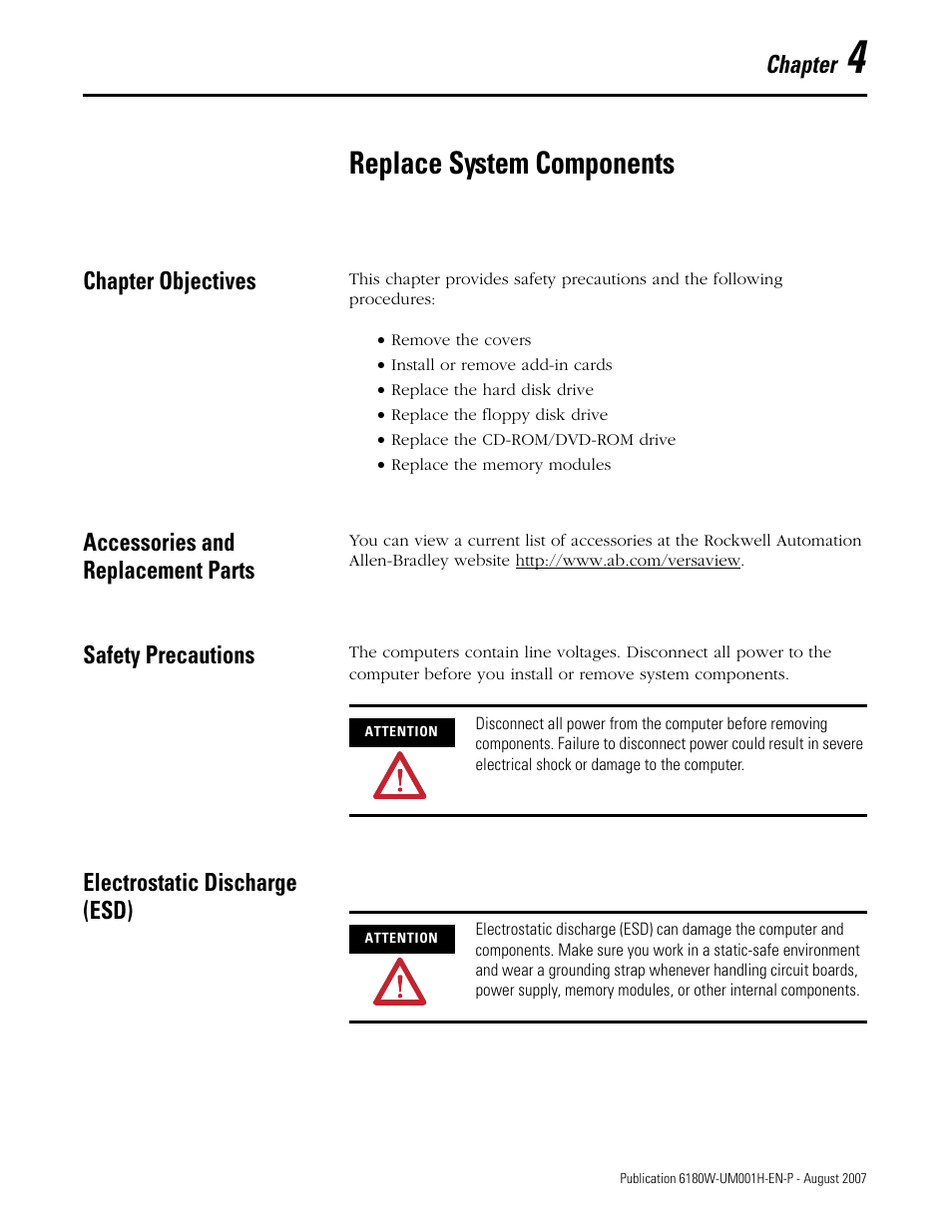 Replace system components, Chapter objectives, Accessories and replacement parts | Safety precautions, Electrostatic discharge (esd), Chapter 4, Chapter | Rockwell Automation 6180W-xxxx VersaView Workstation User Manual User Manual | Page 35 / 68