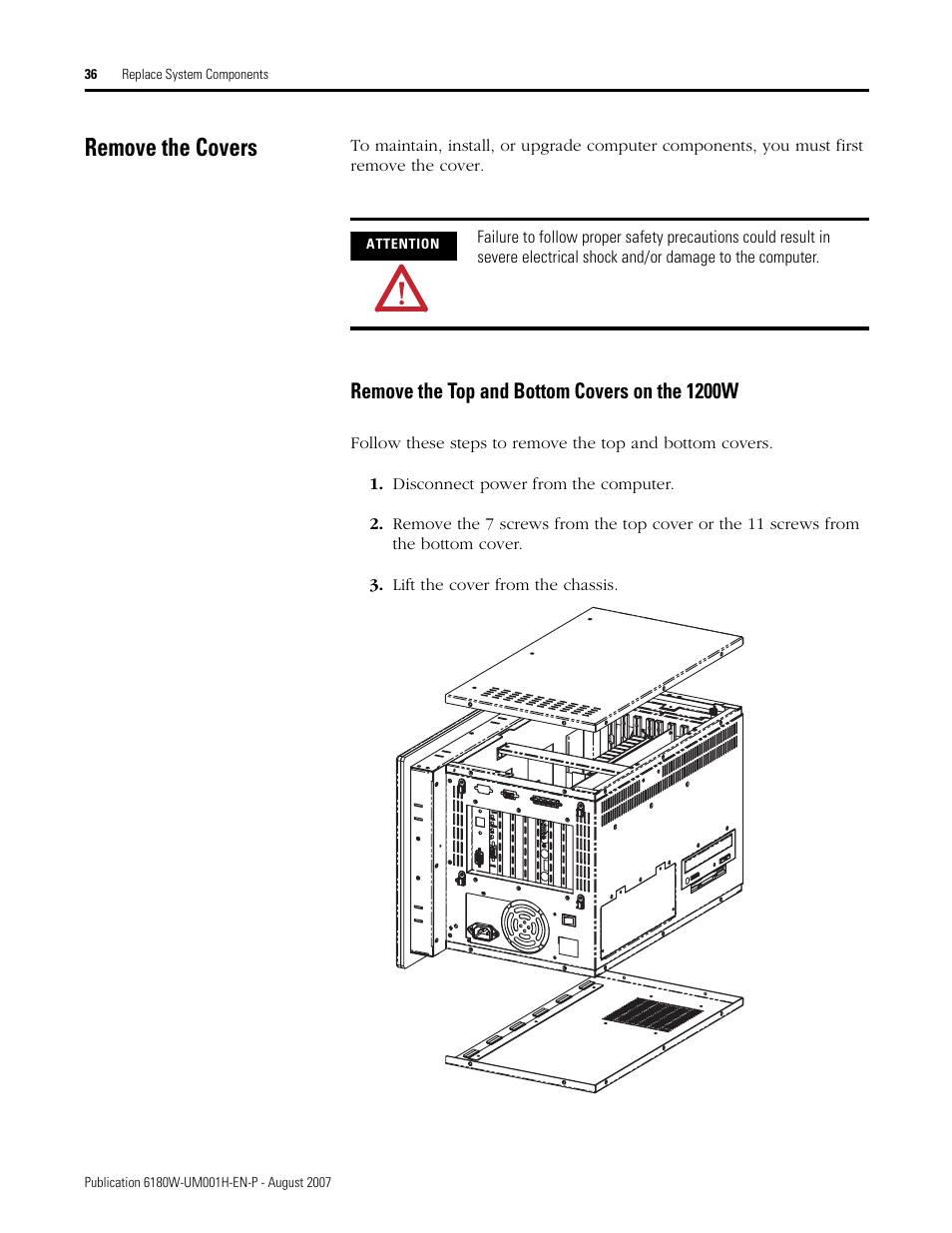 Remove the covers, Remove the top and bottom covers on the 1200w | Rockwell Automation 6180W-xxxx VersaView Workstation User Manual User Manual | Page 36 / 68