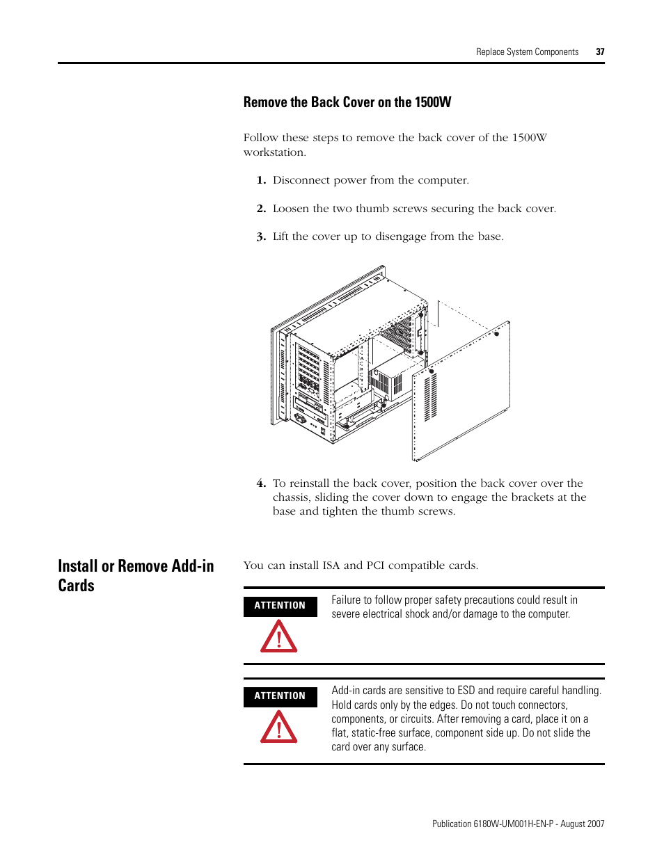 Install or remove add-in cards, Remove the back cover on the 1500w | Rockwell Automation 6180W-xxxx VersaView Workstation User Manual User Manual | Page 37 / 68