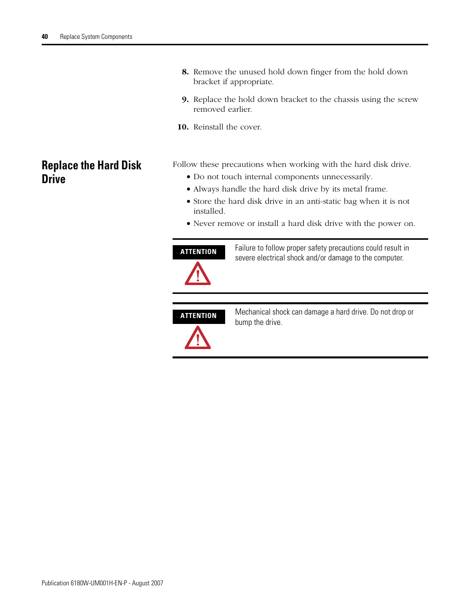 Replace the hard disk drive | Rockwell Automation 6180W-xxxx VersaView Workstation User Manual User Manual | Page 40 / 68