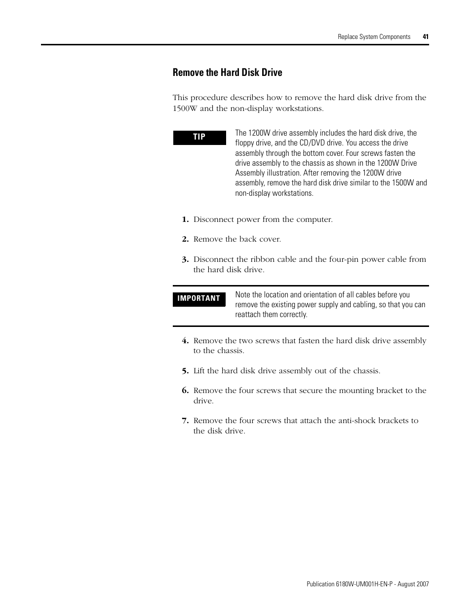 Remove the hard disk drive | Rockwell Automation 6180W-xxxx VersaView Workstation User Manual User Manual | Page 41 / 68