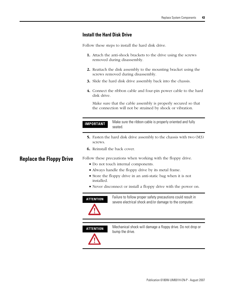 Replace the floppy drive, Install the hard disk drive | Rockwell Automation 6180W-xxxx VersaView Workstation User Manual User Manual | Page 43 / 68