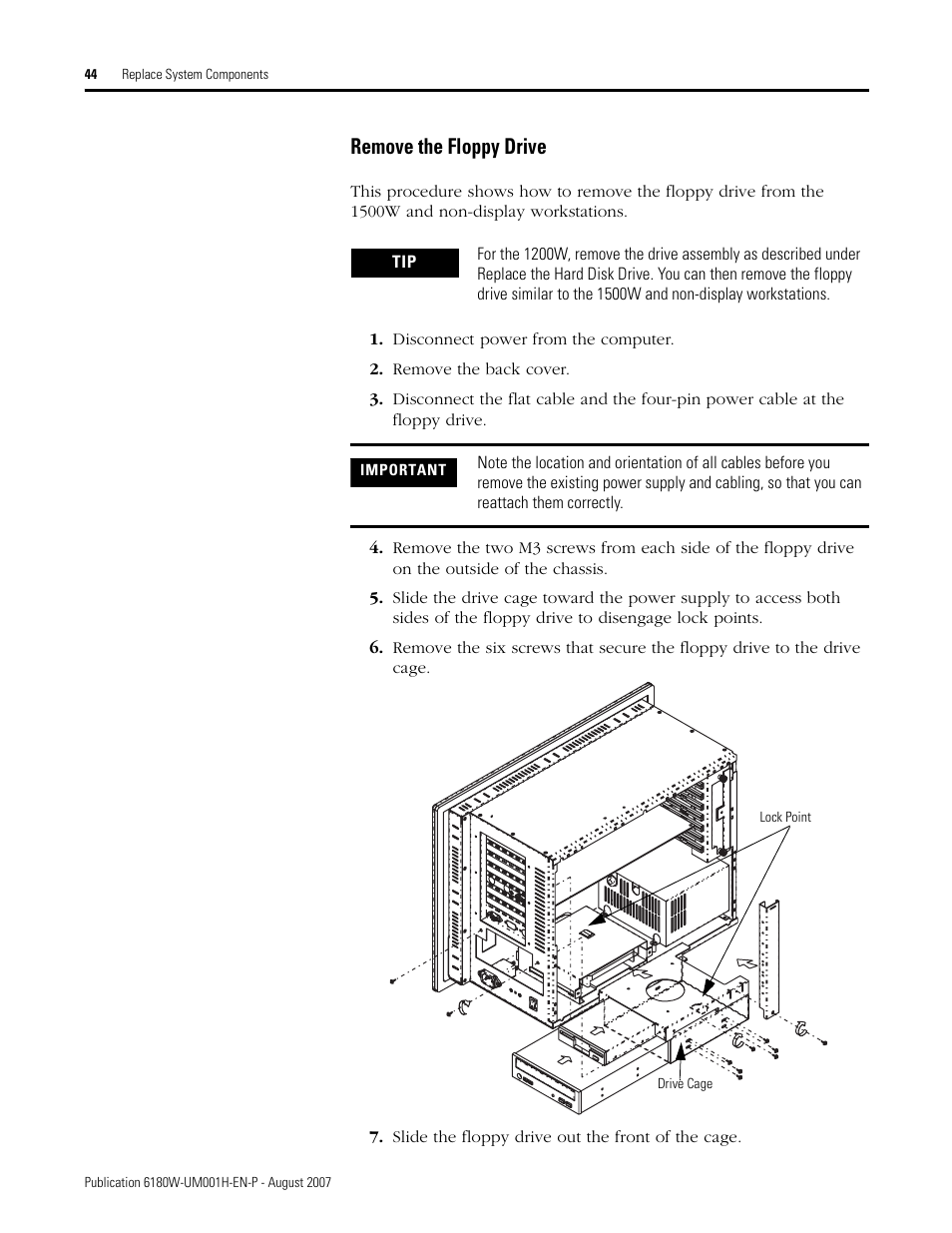 Remove the floppy drive | Rockwell Automation 6180W-xxxx VersaView Workstation User Manual User Manual | Page 44 / 68