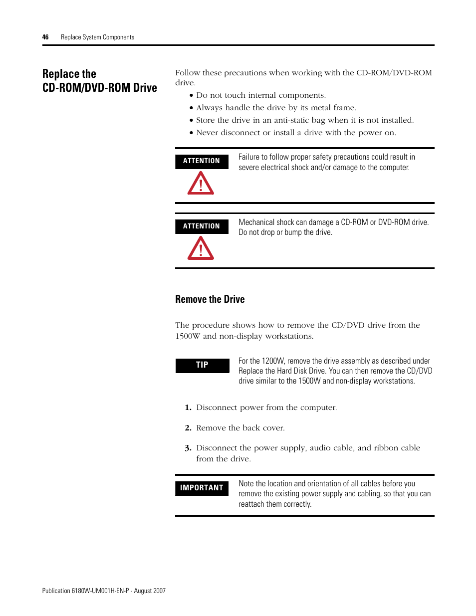Replace the cd-rom/dvd-rom drive, Remove the drive | Rockwell Automation 6180W-xxxx VersaView Workstation User Manual User Manual | Page 46 / 68