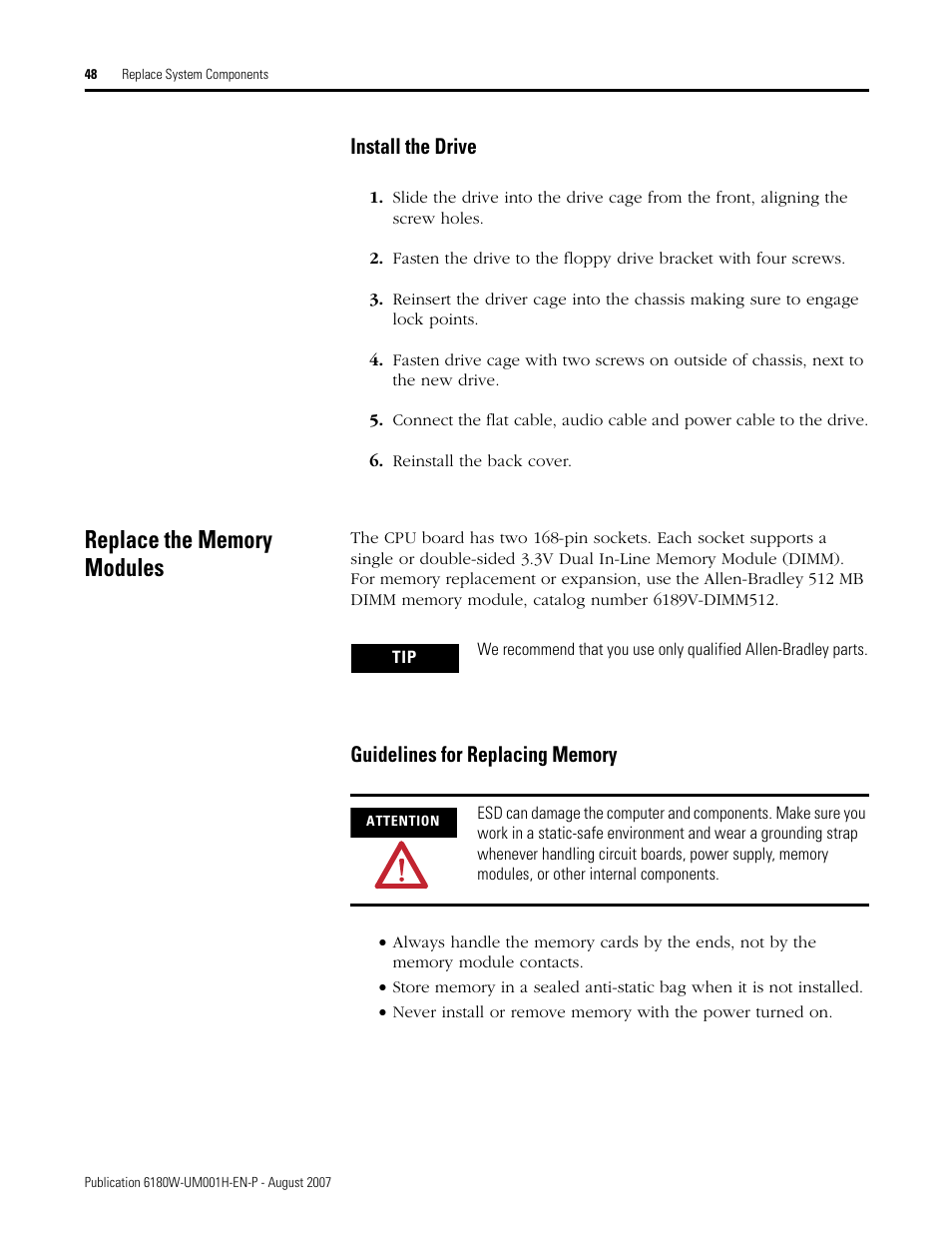 Replace the memory modules, Install the drive | Rockwell Automation 6180W-xxxx VersaView Workstation User Manual User Manual | Page 48 / 68