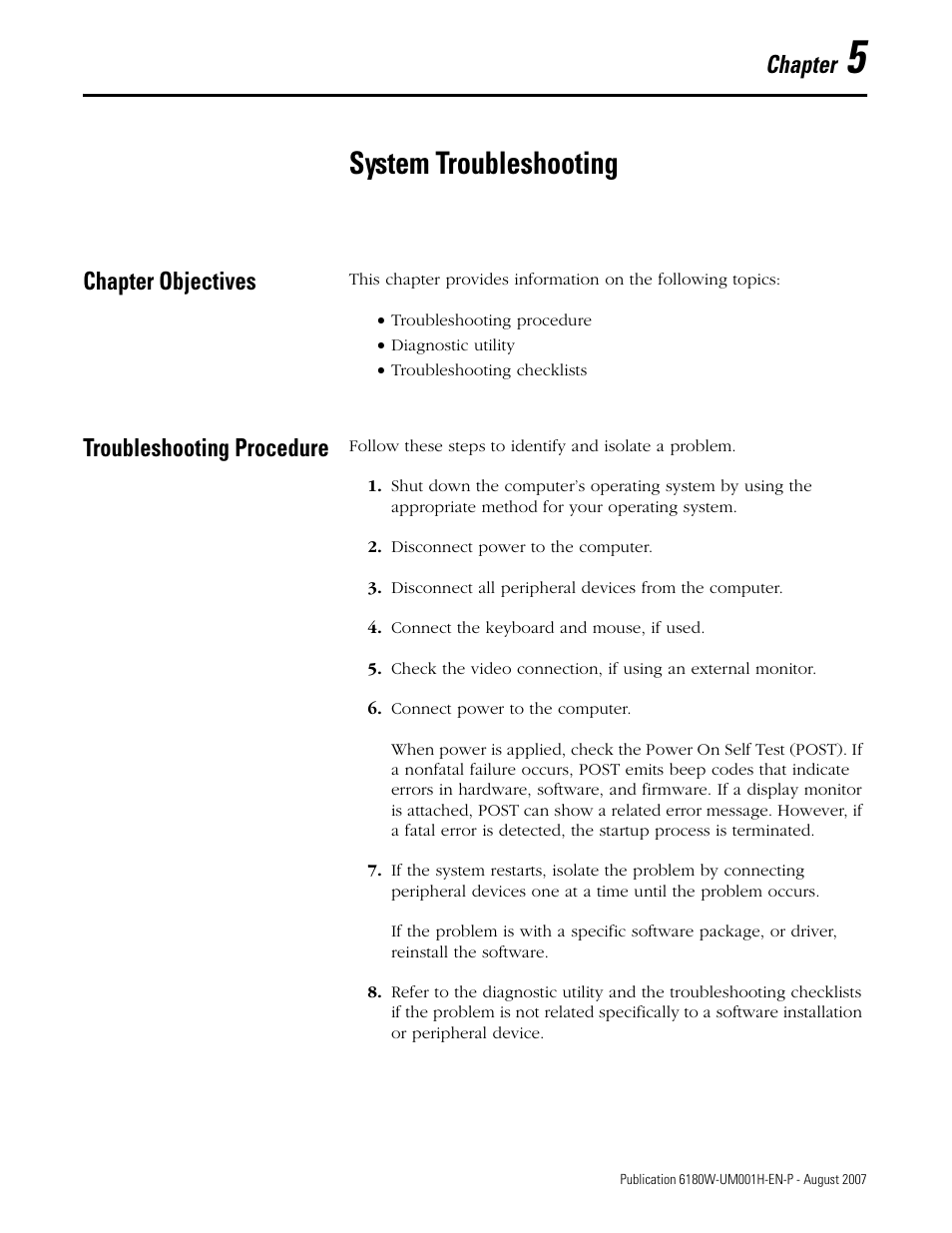 System troubleshooting, Chapter objectives, Troubleshooting procedure | Chapter 5, Chapter objectives troubleshooting procedure, Chapter | Rockwell Automation 6180W-xxxx VersaView Workstation User Manual User Manual | Page 51 / 68