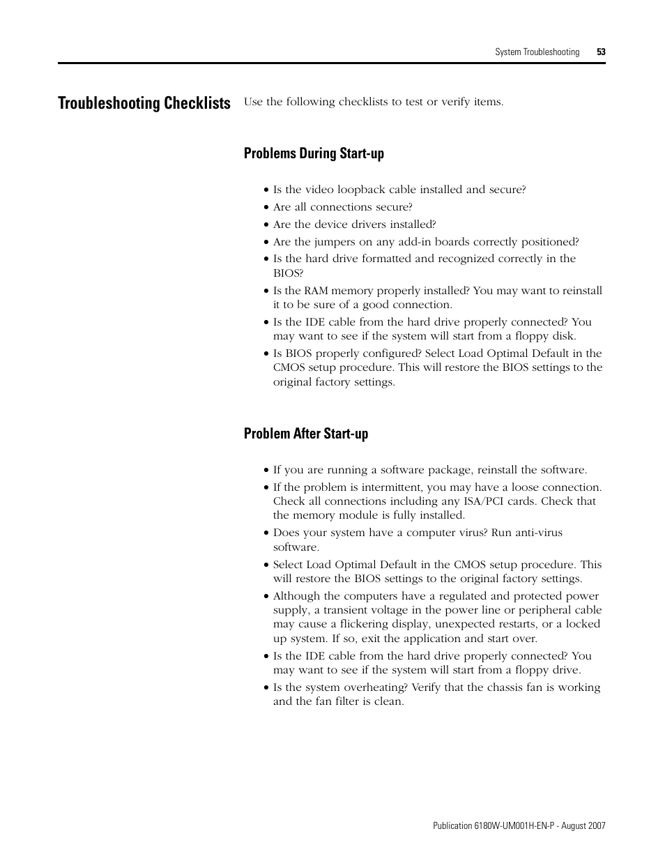 Troubleshooting checklists, Problems during start-up, Problem after start-up | Rockwell Automation 6180W-xxxx VersaView Workstation User Manual User Manual | Page 53 / 68