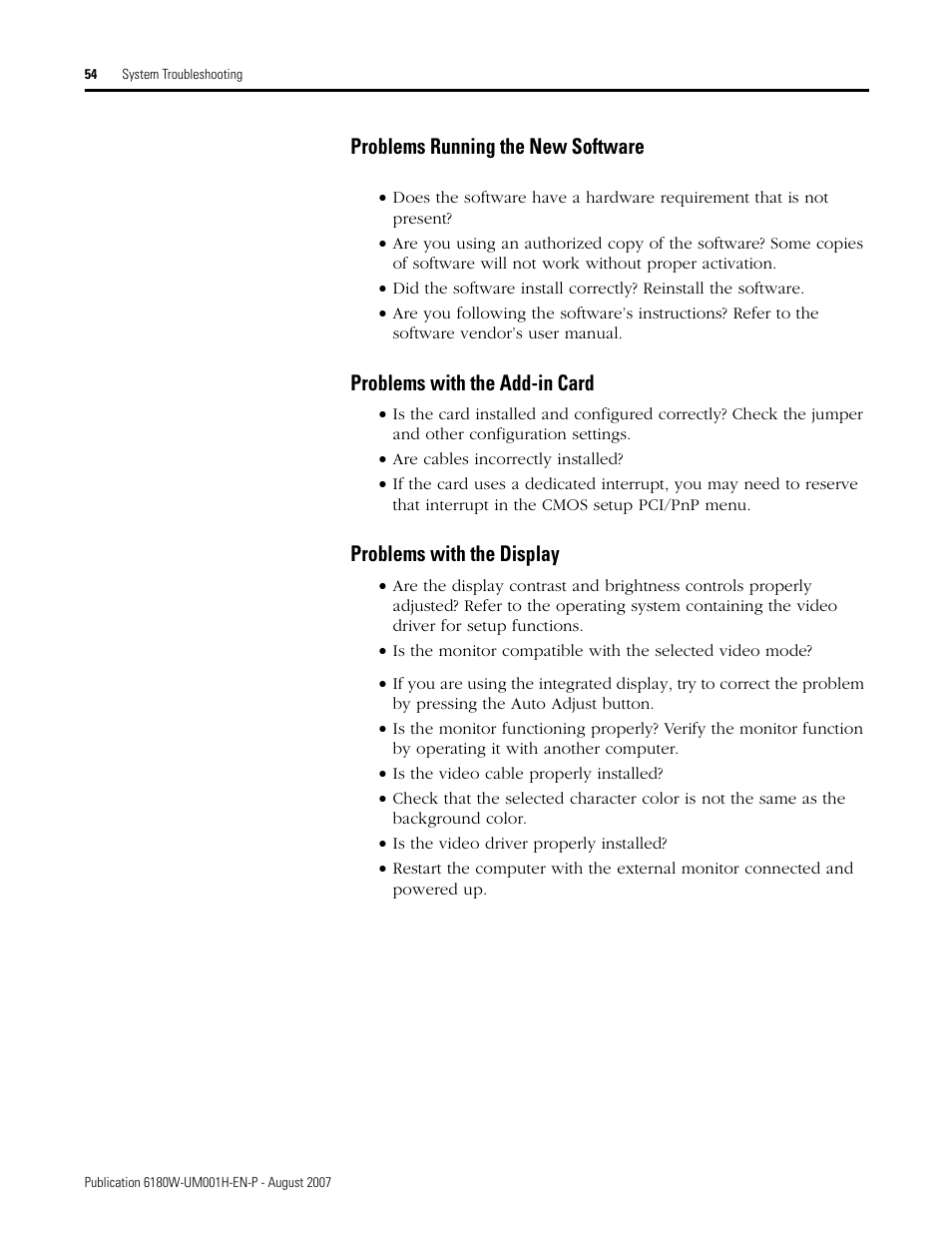 Problems running the new software, Problems with the add-in card, Problems with the display | Rockwell Automation 6180W-xxxx VersaView Workstation User Manual User Manual | Page 54 / 68