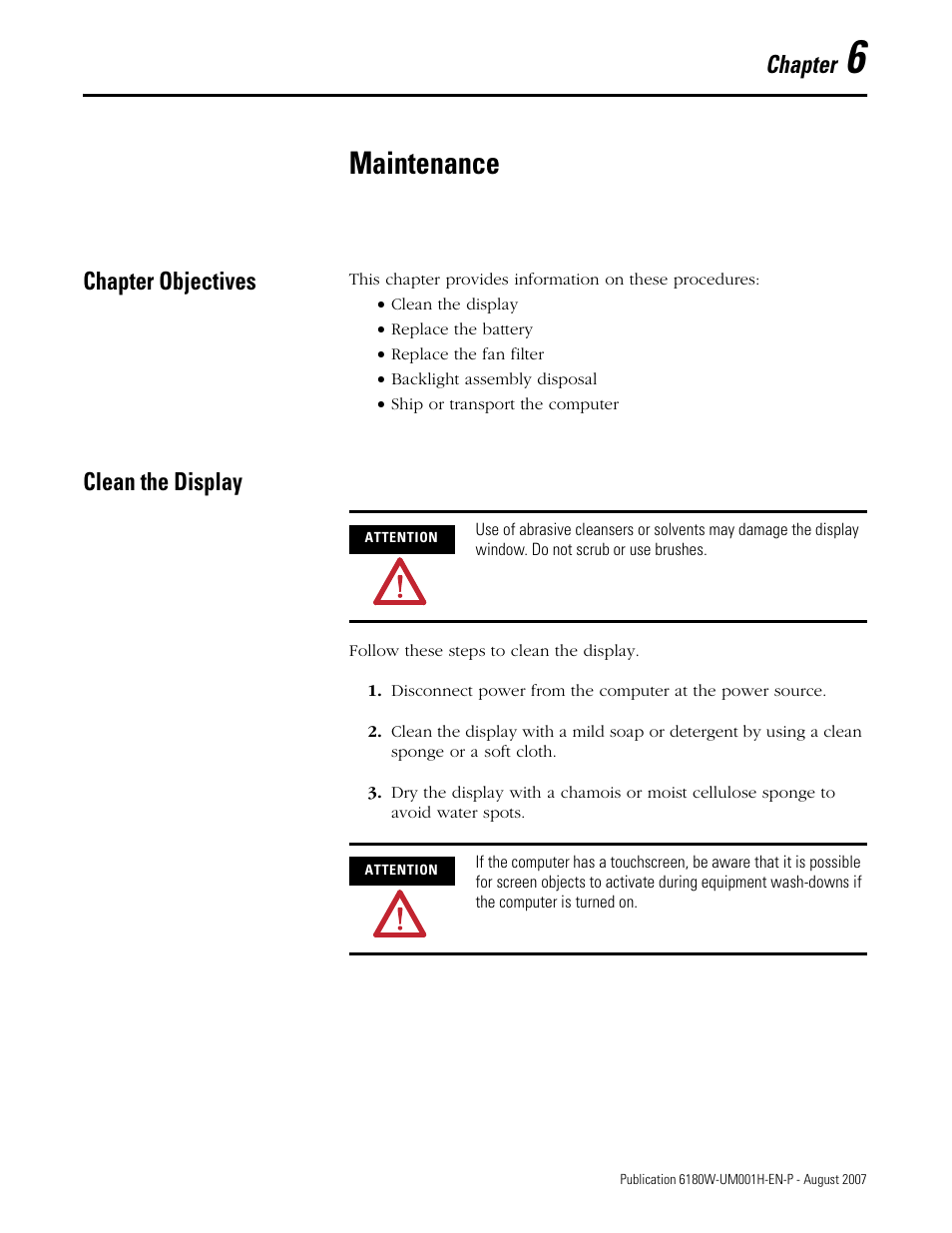 Maintenance, Chapter objectives, Clean the display | Chapter 6, Chapter objectives clean the display, Chapter | Rockwell Automation 6180W-xxxx VersaView Workstation User Manual User Manual | Page 55 / 68