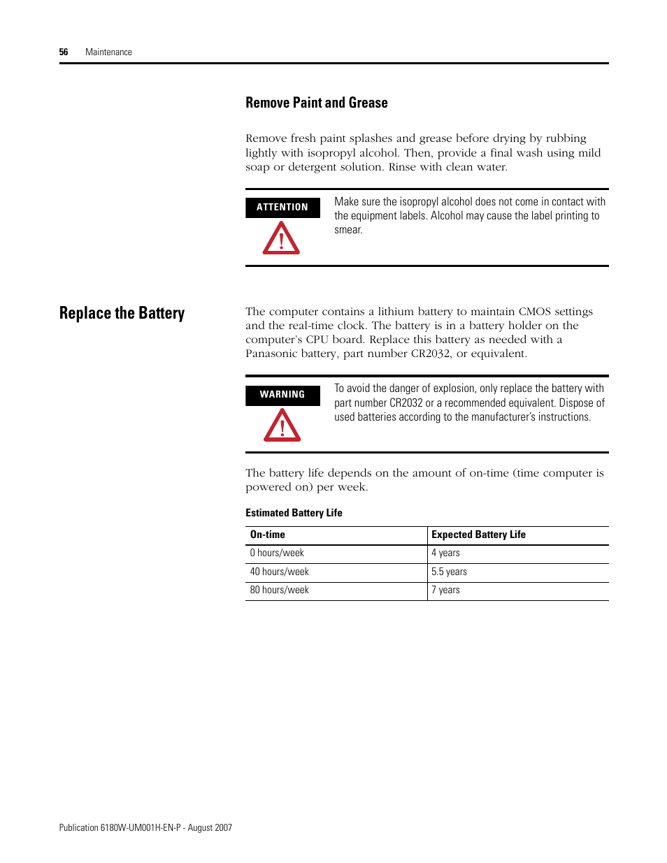 Replace the battery, Remove paint and grease | Rockwell Automation 6180W-xxxx VersaView Workstation User Manual User Manual | Page 56 / 68