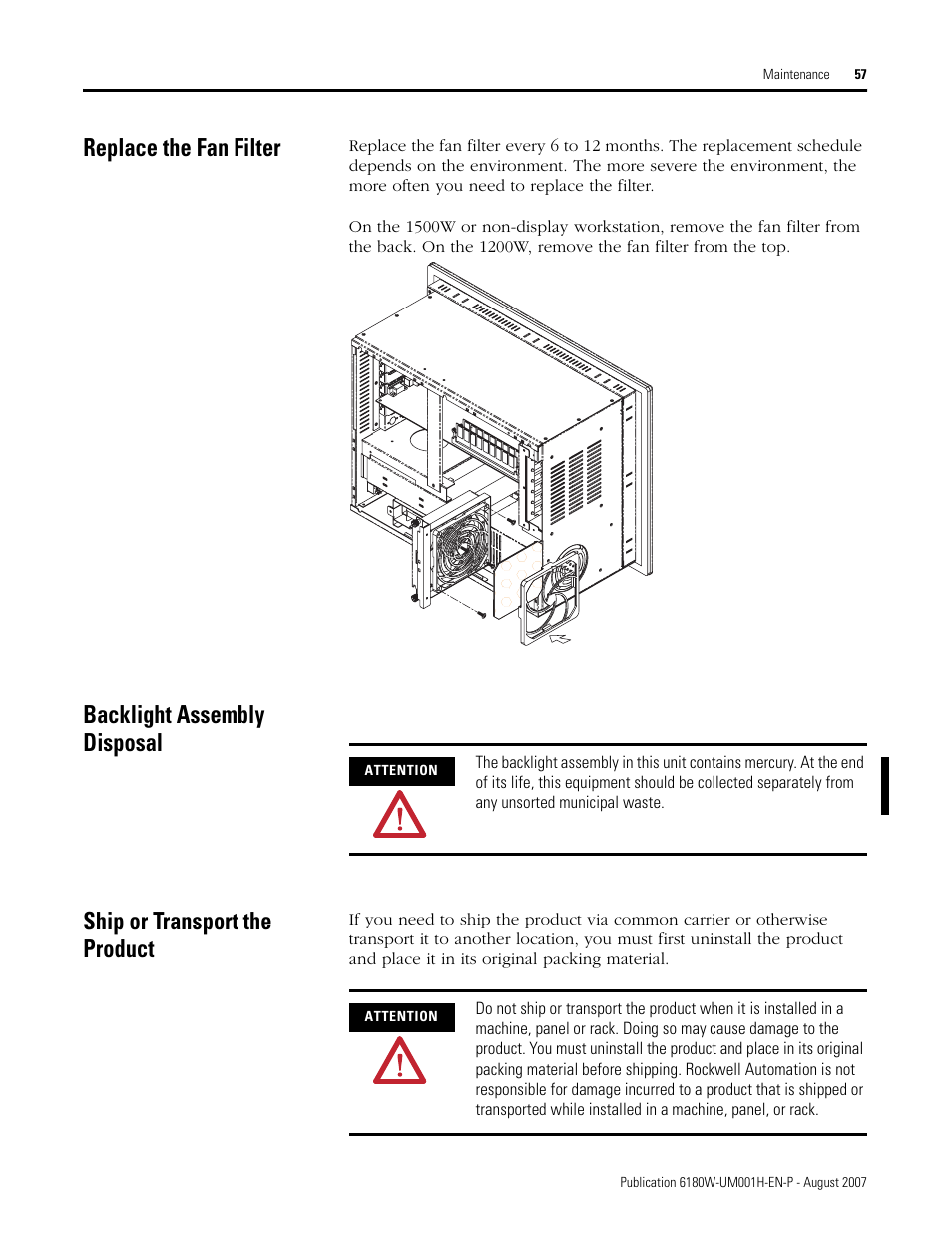 Replace the fan filter, Backlight assembly disposal, Ship or transport the product | Rockwell Automation 6180W-xxxx VersaView Workstation User Manual User Manual | Page 57 / 68