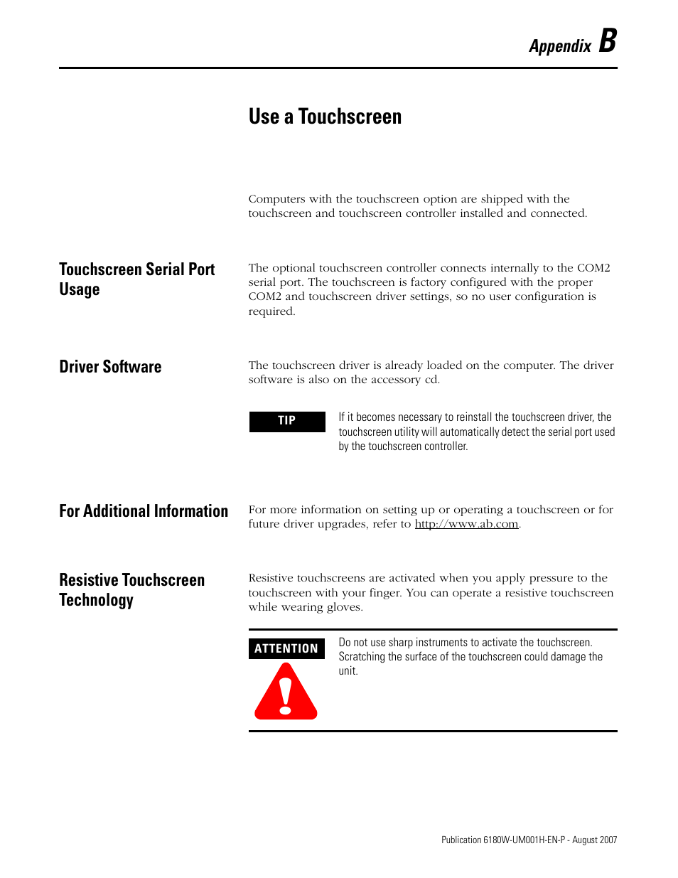 Use a touchscreen, Touchscreen serial port usage, Driver software | For additional information, Resistive touchscreen technology, Appendix b - use a touchscreen | Rockwell Automation 6180W-xxxx VersaView Workstation User Manual User Manual | Page 61 / 68