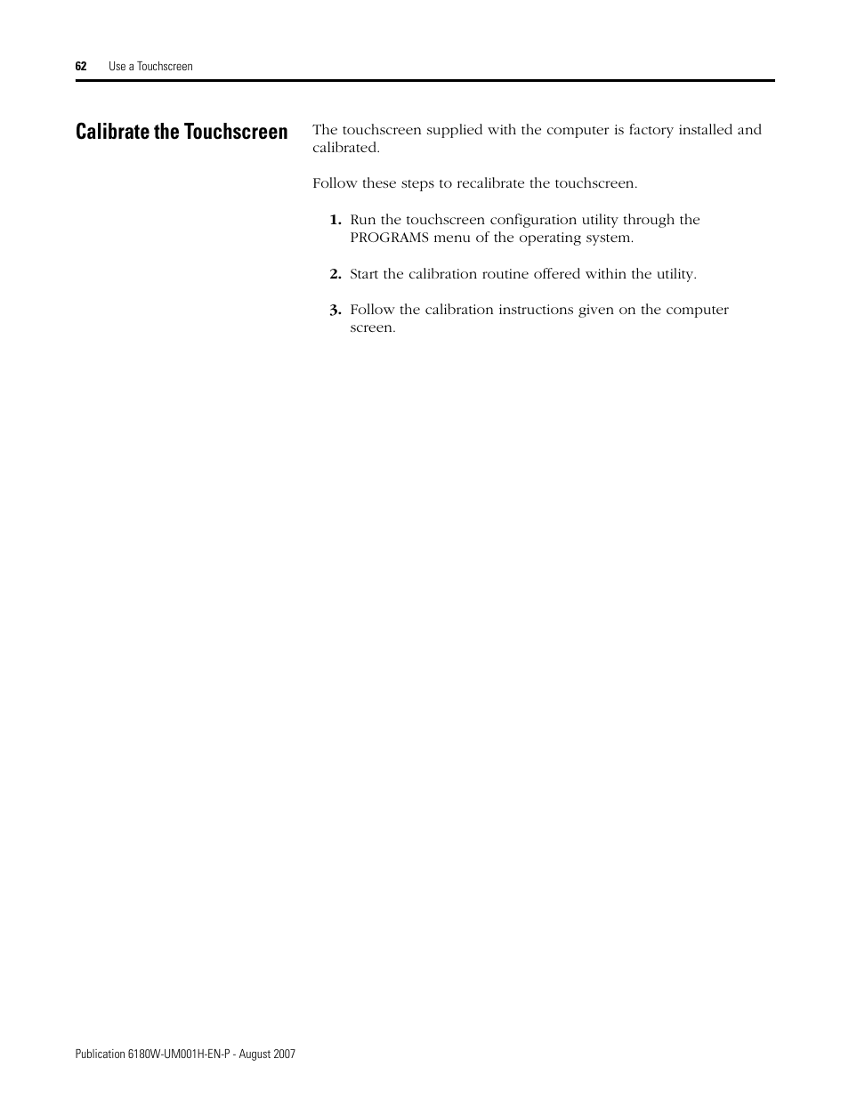 Calibrate the touchscreen | Rockwell Automation 6180W-xxxx VersaView Workstation User Manual User Manual | Page 62 / 68