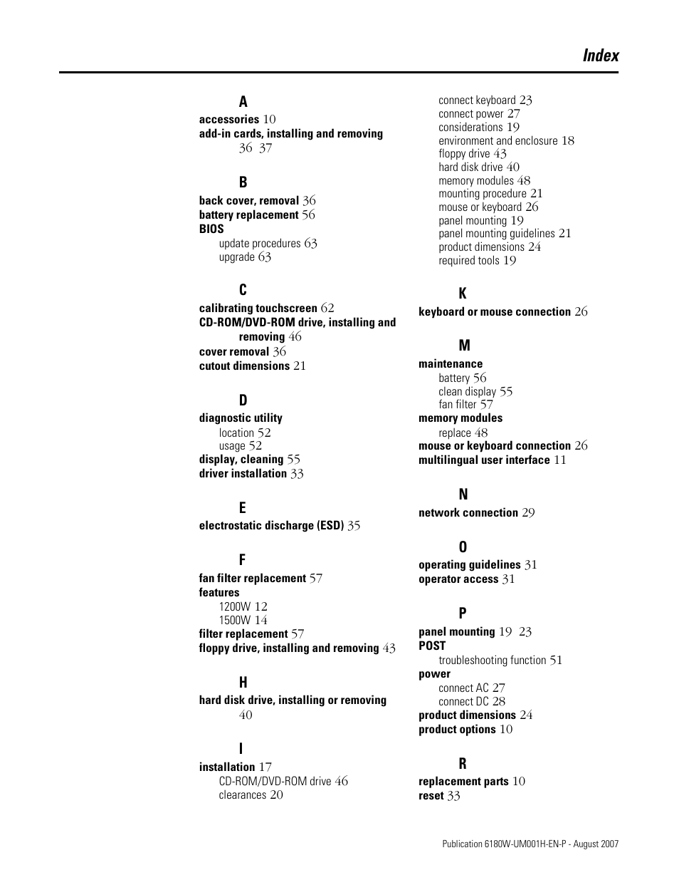 Index | Rockwell Automation 6180W-xxxx VersaView Workstation User Manual User Manual | Page 65 / 68