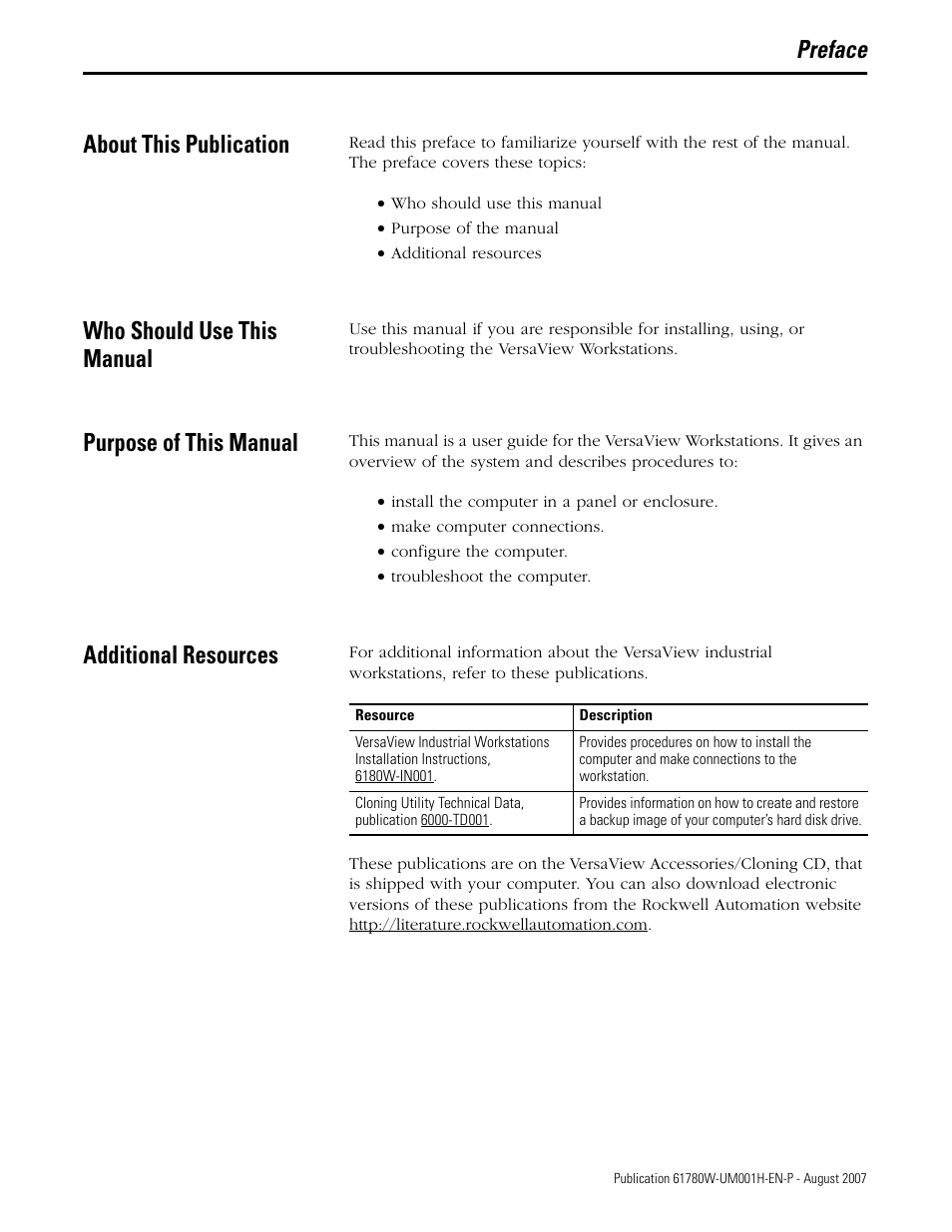 Preface, About this publication, Who should use this manual | Purpose of this manual, Additional resources, Preface about this publication | Rockwell Automation 6180W-xxxx VersaView Workstation User Manual User Manual | Page 7 / 68