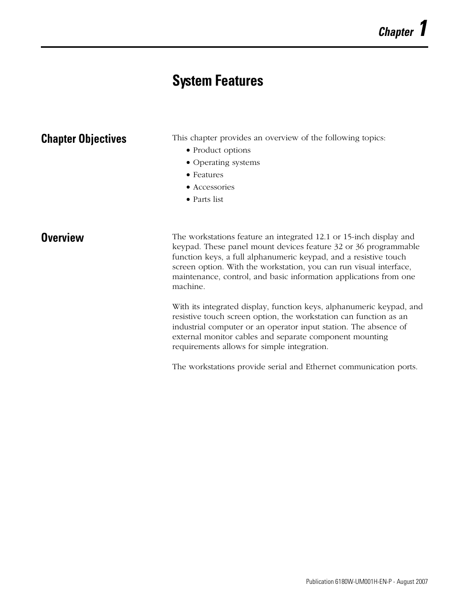System features, Chapter objectives, Overview | Chapter 1, Chapter objectives overview, Chapter | Rockwell Automation 6180W-xxxx VersaView Workstation User Manual User Manual | Page 9 / 68