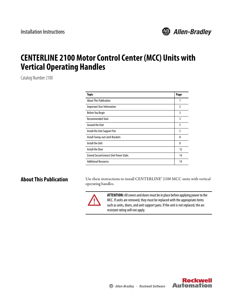 Rockwell Automation 2100 CENTERLINE Motor Control Center (MCC) Units with Vertical Operating Handles User Manual | 16 pages