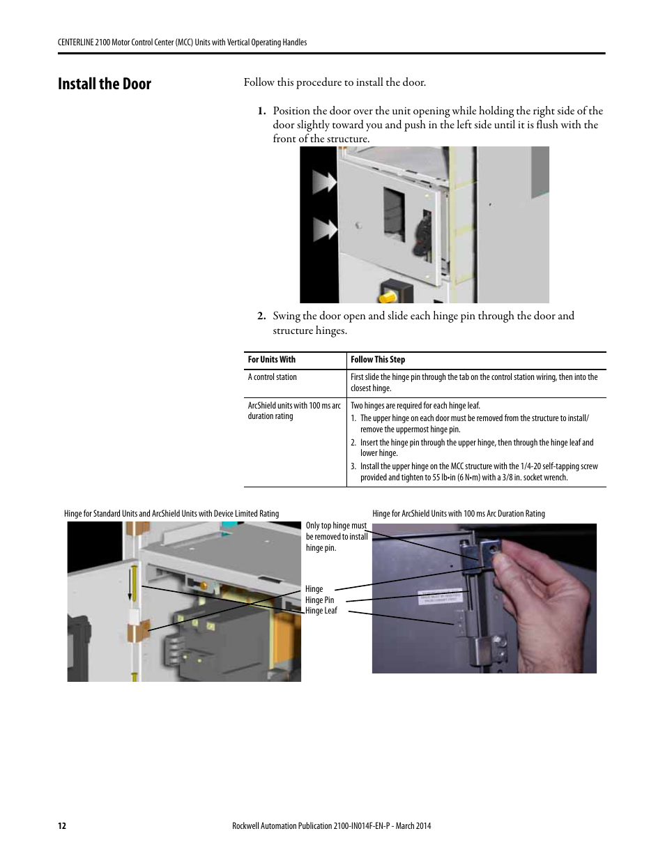 Install the door | Rockwell Automation 2100 CENTERLINE Motor Control Center (MCC) Units with Vertical Operating Handles User Manual | Page 12 / 16