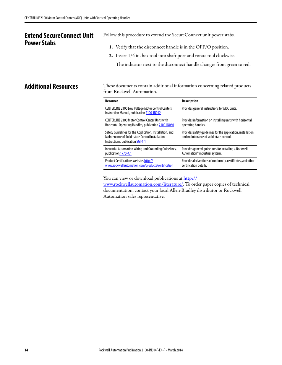 Extend secureconnect unit power stabs, Additional resources | Rockwell Automation 2100 CENTERLINE Motor Control Center (MCC) Units with Vertical Operating Handles User Manual | Page 14 / 16
