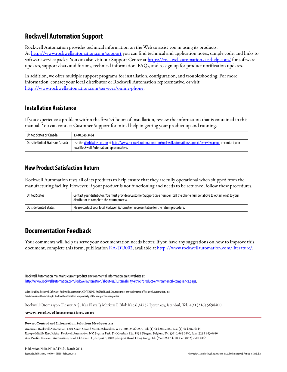 Back cover, Rockwell automation support, Documentation feedback | Installation assistance, New product satisfaction return | Rockwell Automation 2100 CENTERLINE Motor Control Center (MCC) Units with Vertical Operating Handles User Manual | Page 16 / 16